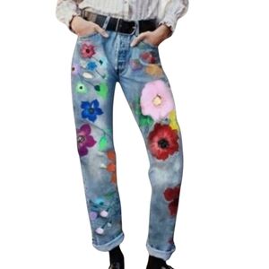 Misslook Flower Power retro baggy  straight leg hi rise painted denim jeans W29